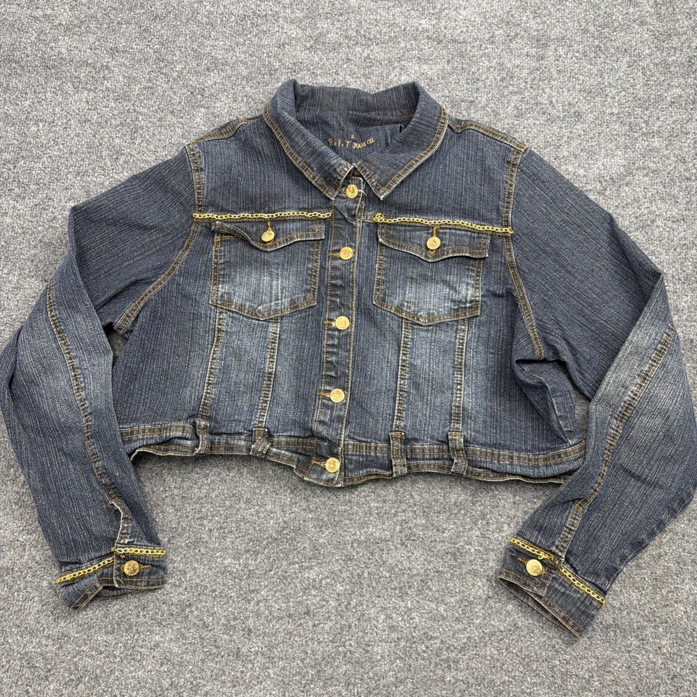Vtg RVT Jeans Co Cropped Denim Jacket Womens Plus Size 2X Blue Gold Chain Y2K